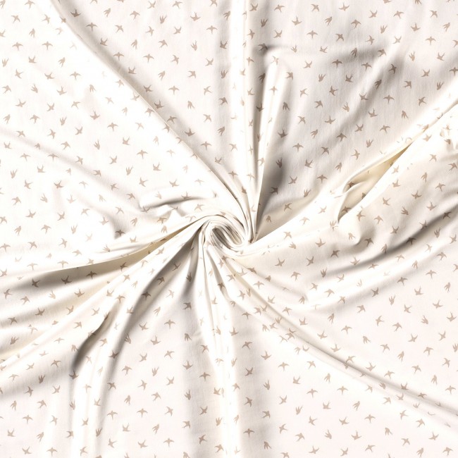 Single Jersey imprimé - Hirondelles beiges sur blanc