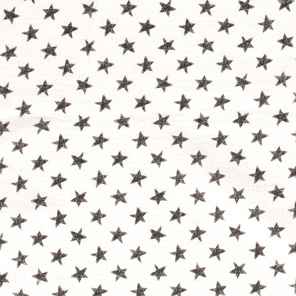 Mousseline de coton DOUBLE GAZE PRIME - Étoiles noires sur blanc