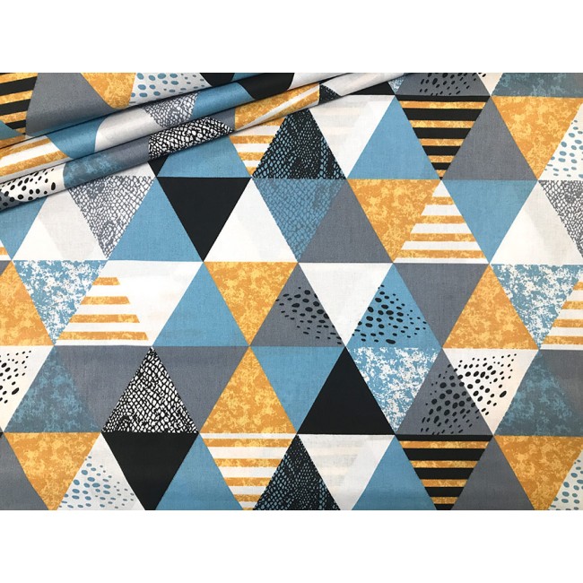 Tissu en coton - Triangles bleus, gris et jaunes