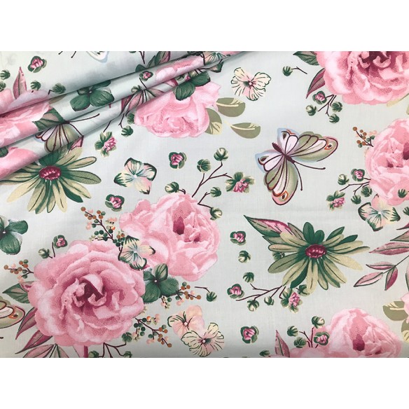 Tissu en coton - Fleurs roses papillons