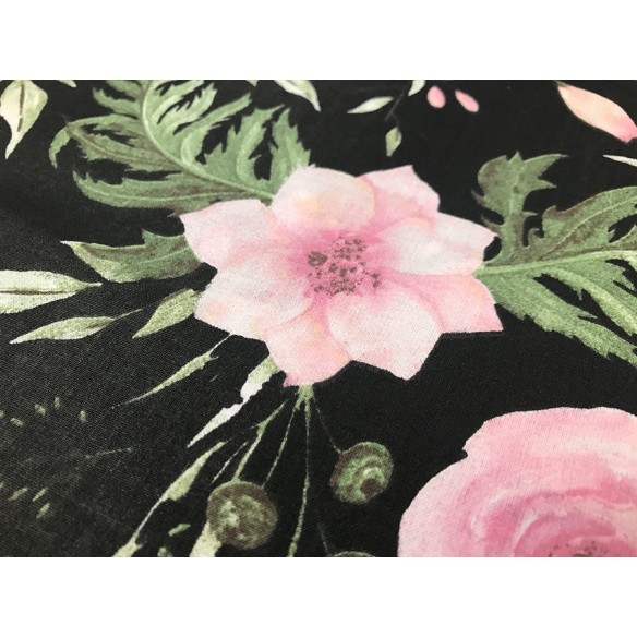 Tissu en coton - Roses dans un jardin noires