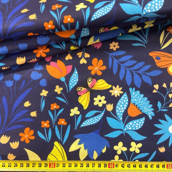 Tissu en coton - Papillons jardin indigo