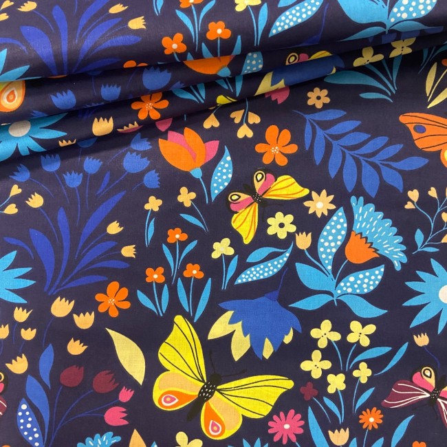 Tissu en coton - Papillons jardin indigo