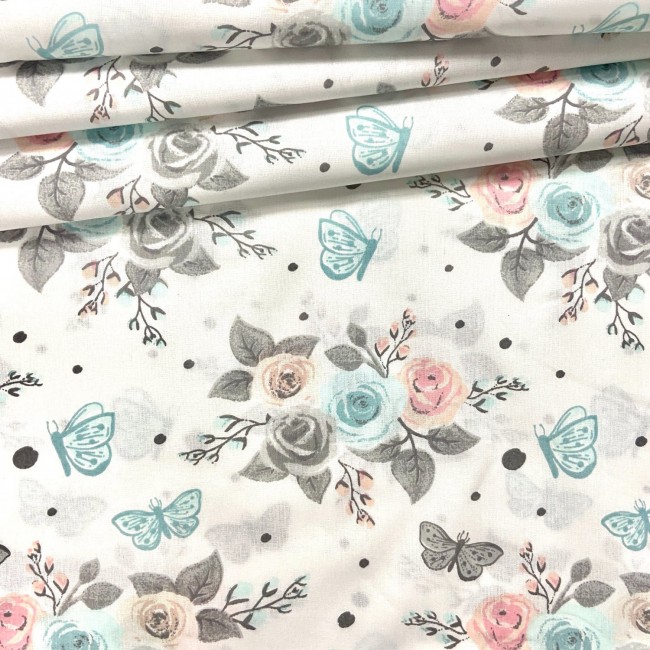 Tissu en coton - Roses multicolores et papillons sur blanc