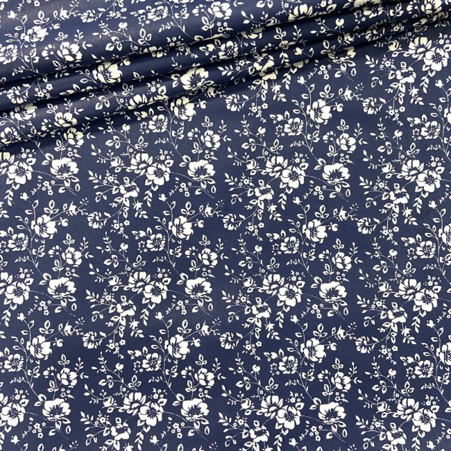 Tissu en coton - Fleurs et brindilles sur bleu marine
