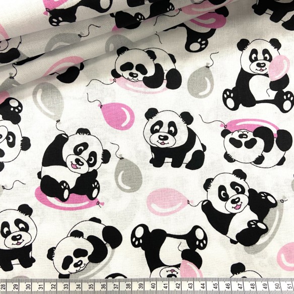 Tissu en coton - Pandas avec ballon gris-rose