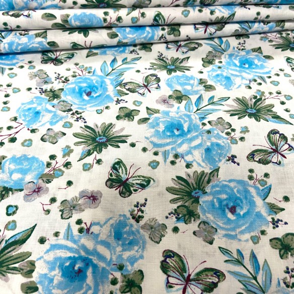 Tissu en coton - Fleurs roses papillons bleus mini