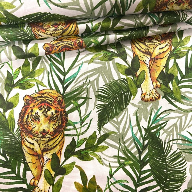 Tissu en coton - Tigres et feuilles sur blanc