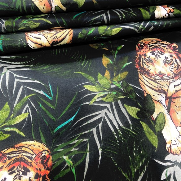 Tissu en coton - Tigres et feuilles sur noir