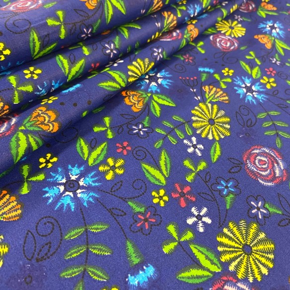 Tissu en coton - Fleurs folkloriques sur bleu marine