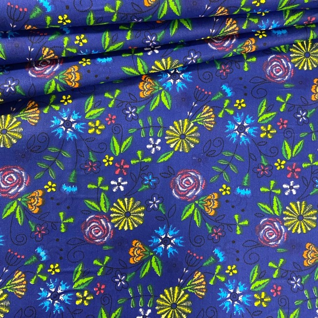 Tissu en coton - Fleurs folkloriques sur bleu marine
