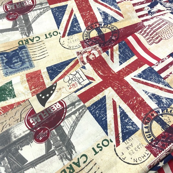 Tissu en coton - Villes et drapeaux patchwork
