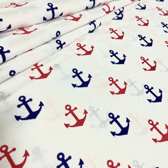 Tissu en coton - Avec ancres rouge et bleu marine sur fond blanc