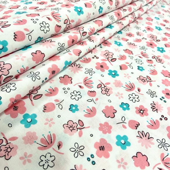 Tissu en coton - à fleurs rose et turquoise sur fond blanc