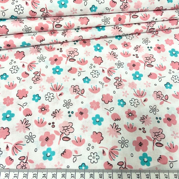 Tissu en coton - à fleurs rose et turquoise sur fond blanc