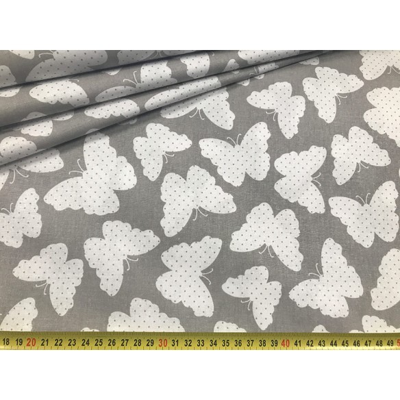Tissu en coton - Papillons blancs sur gris