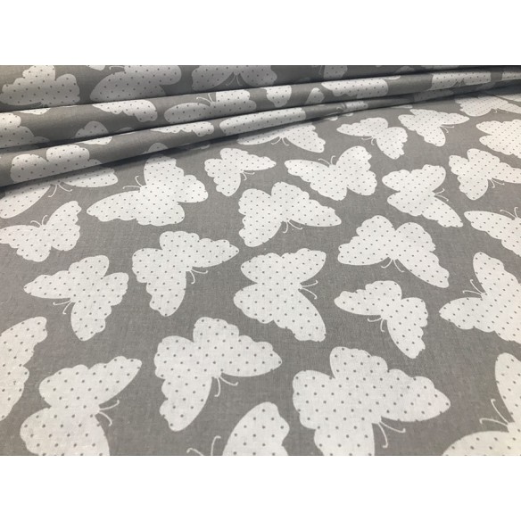 Tissu en coton - Papillons blancs sur gris