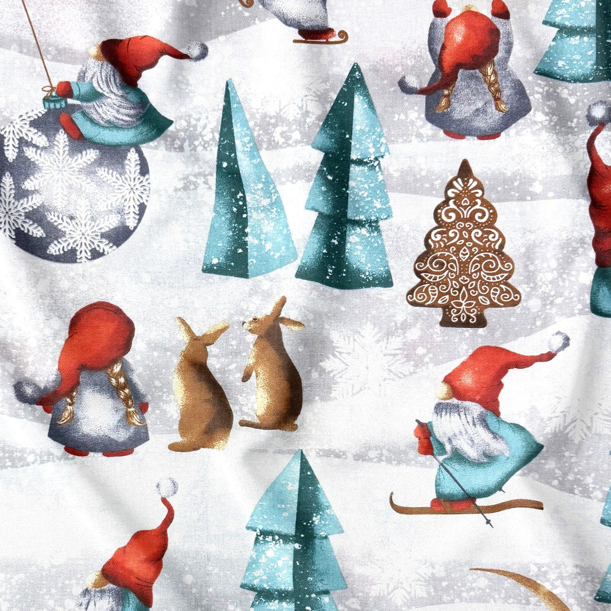 Tissu en coton - lutins de Noël et sapins II