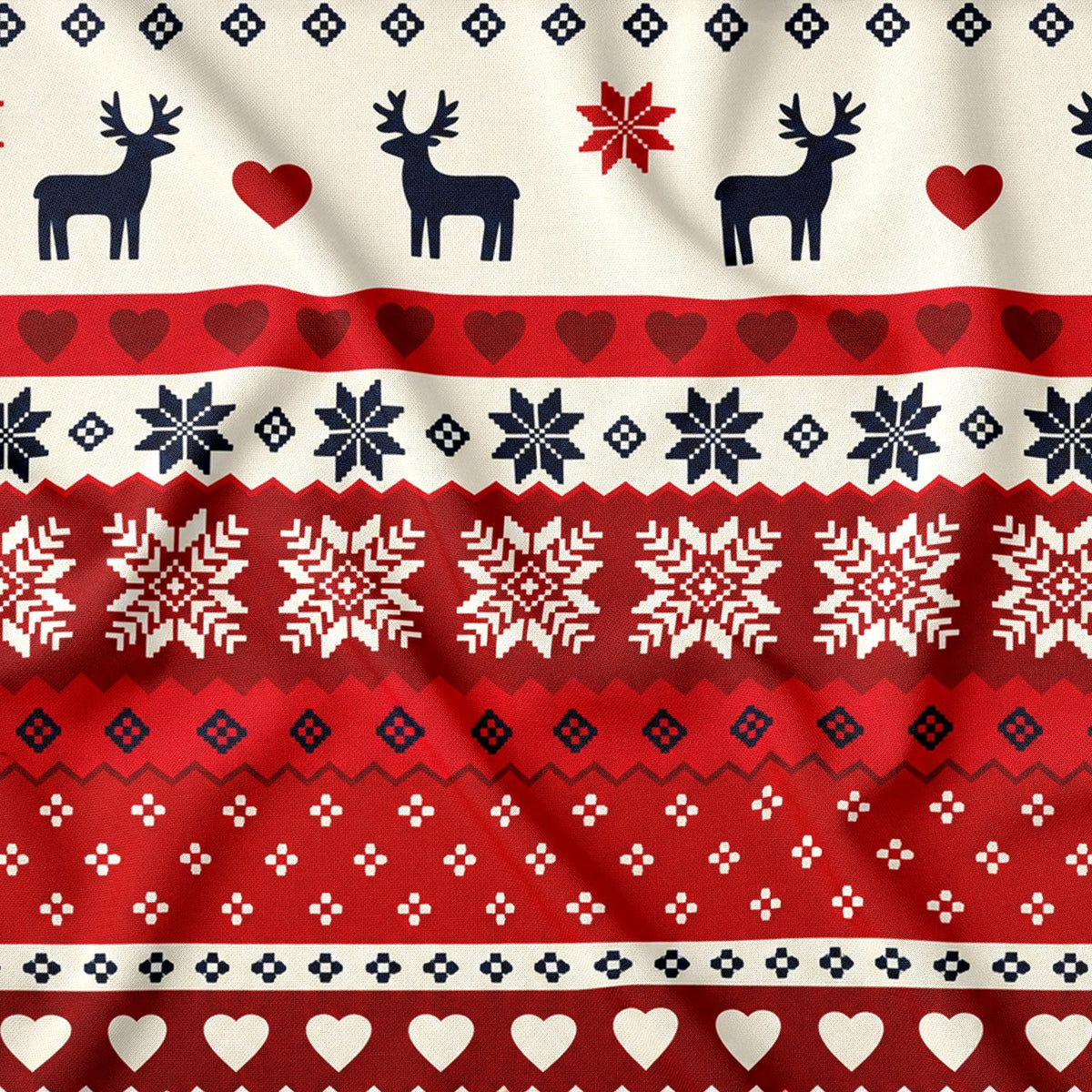 Tissu en coton - Rennes scandinaves de Noël rouge
