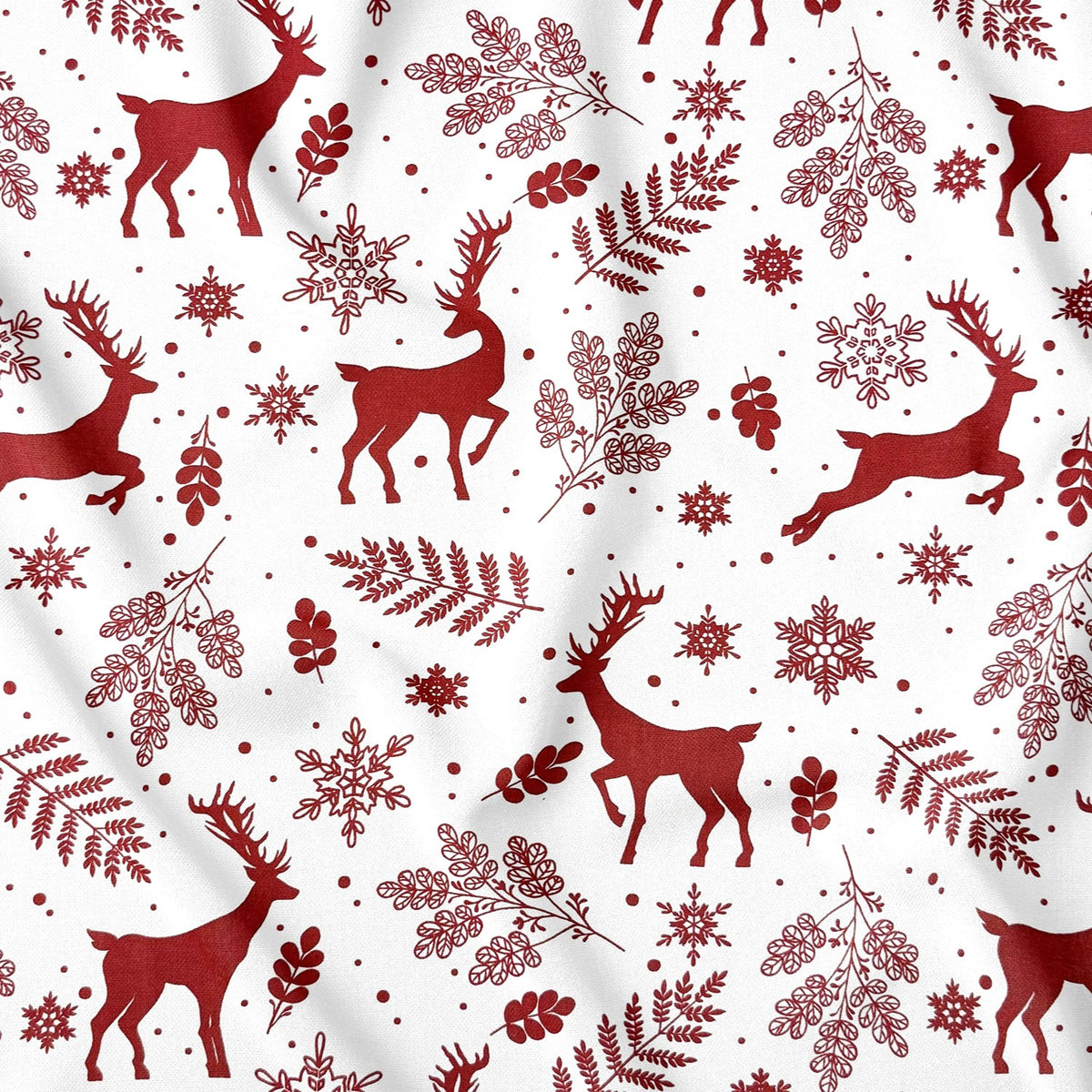 Tissu en coton - Flocons de neige et rennes de Noël, blanc