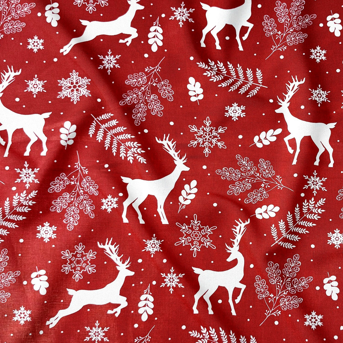Tissu en coton - Flocons de neige et rennes de Noël, blanc