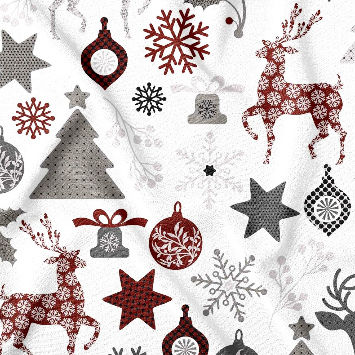 Tissu en coton - Flocons de neige et rennes de Noël, blanc