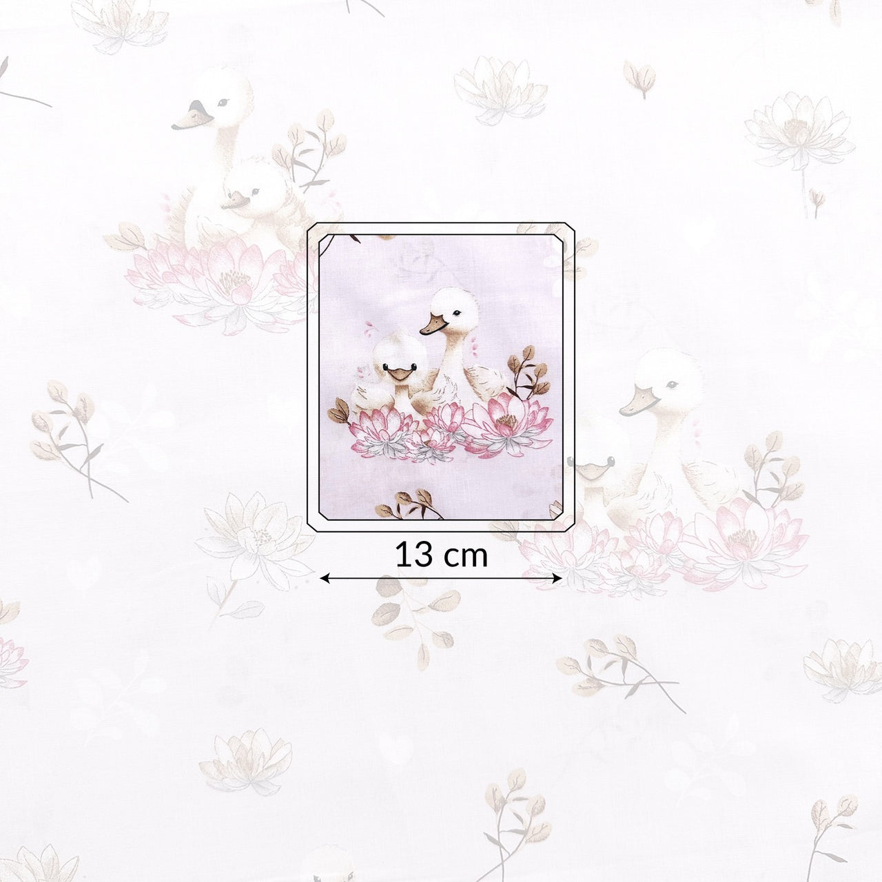 Cotton Fabric - Adorable Swans in a Floral Scene