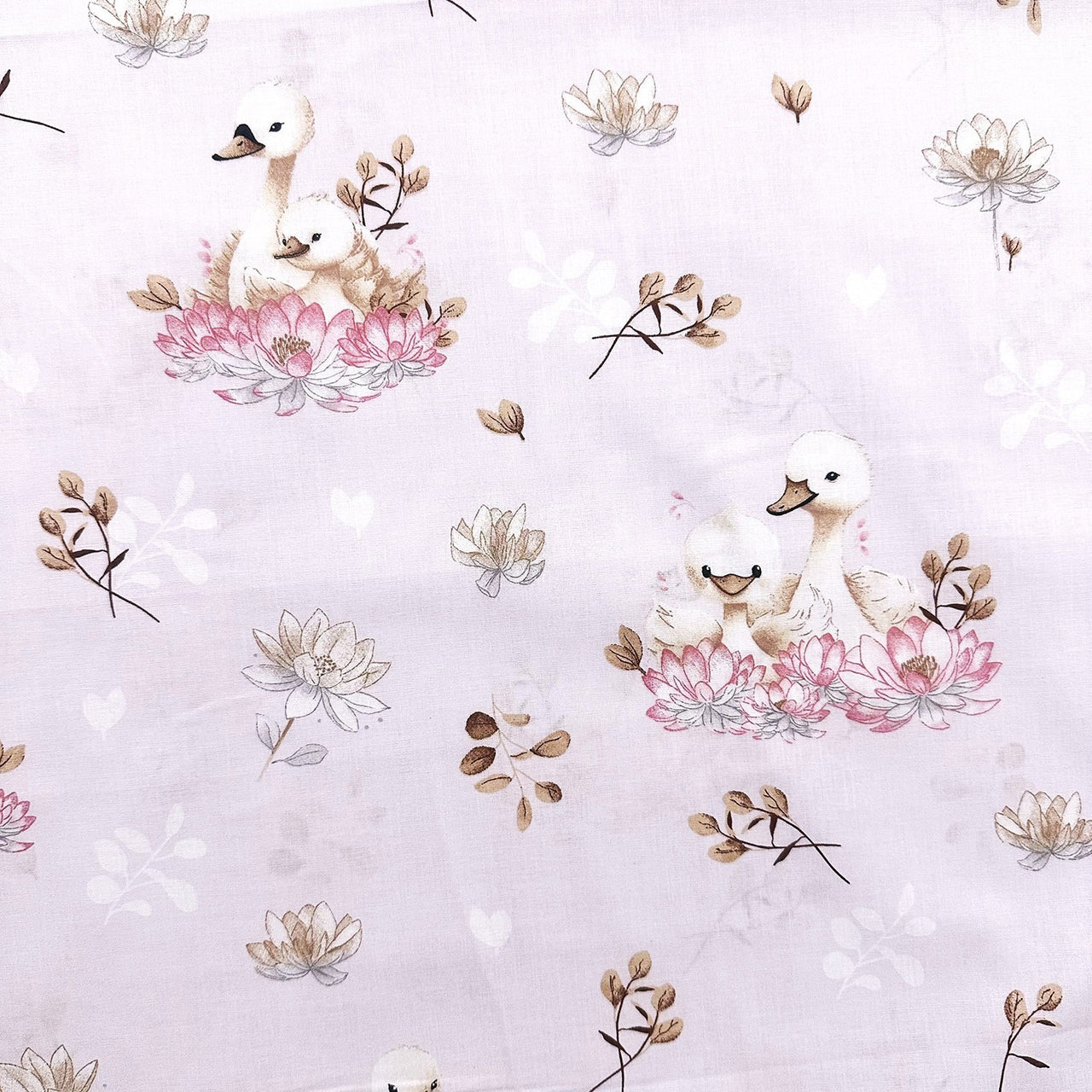 Cotton Fabric - Adorable Swans in a Floral Scene