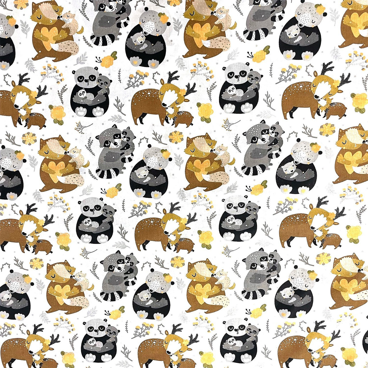 Cotton Fabric - Animals Raccoons in the Forest