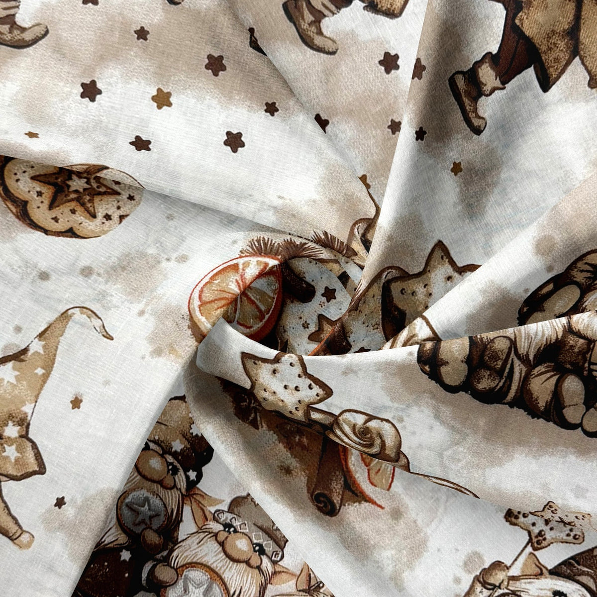 Cotton Fabric - Beige gnomes and decorations