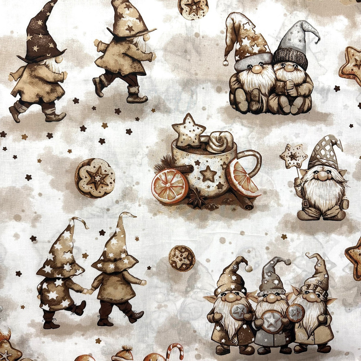 Cotton Fabric - Beige gnomes and decorations