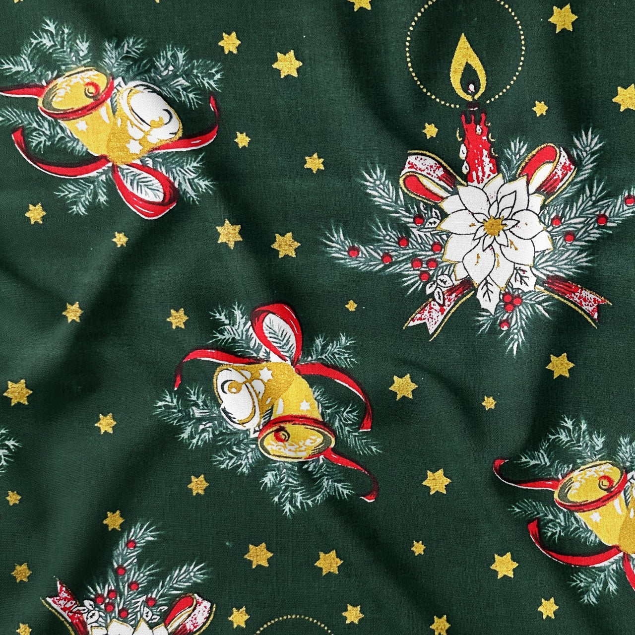 Cotton Fabric - Bells and Stars on Green