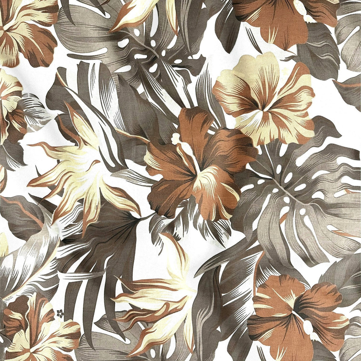 Cotton Fabric - Brown Monstera on White