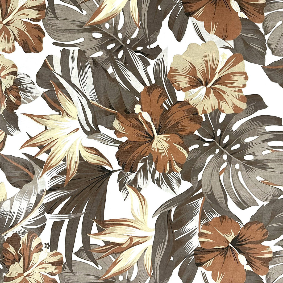 Cotton Fabric - Brown Monstera on White