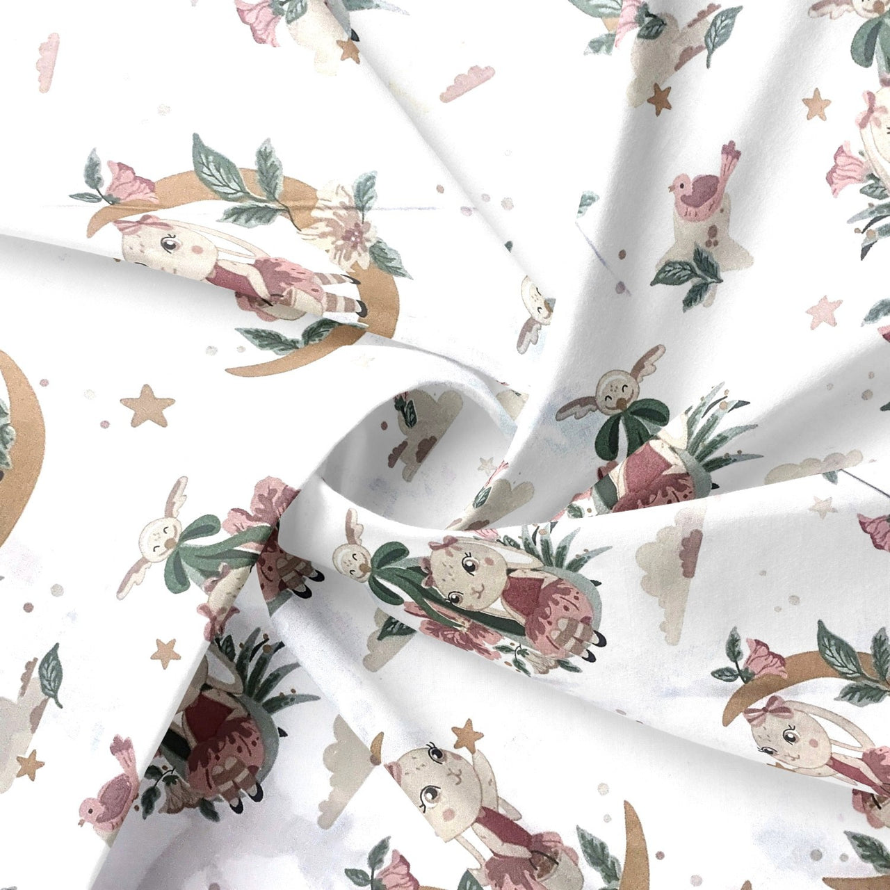 Cotton Fabric - Bunnies and moons, Brown