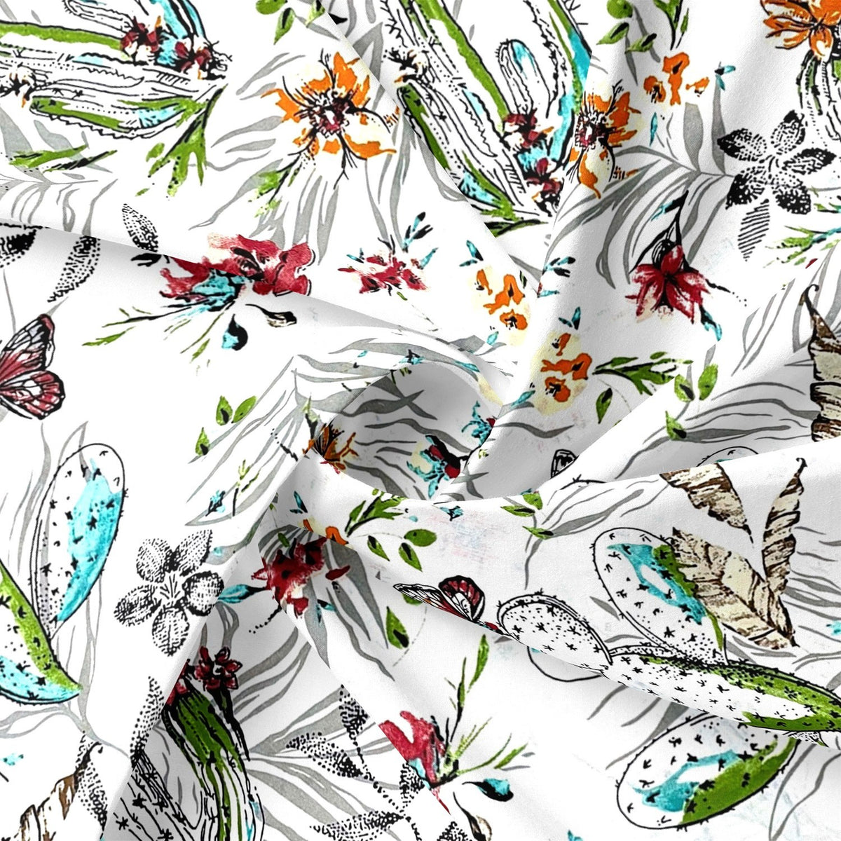 Cotton Fabric - Cactus And Flowers On White