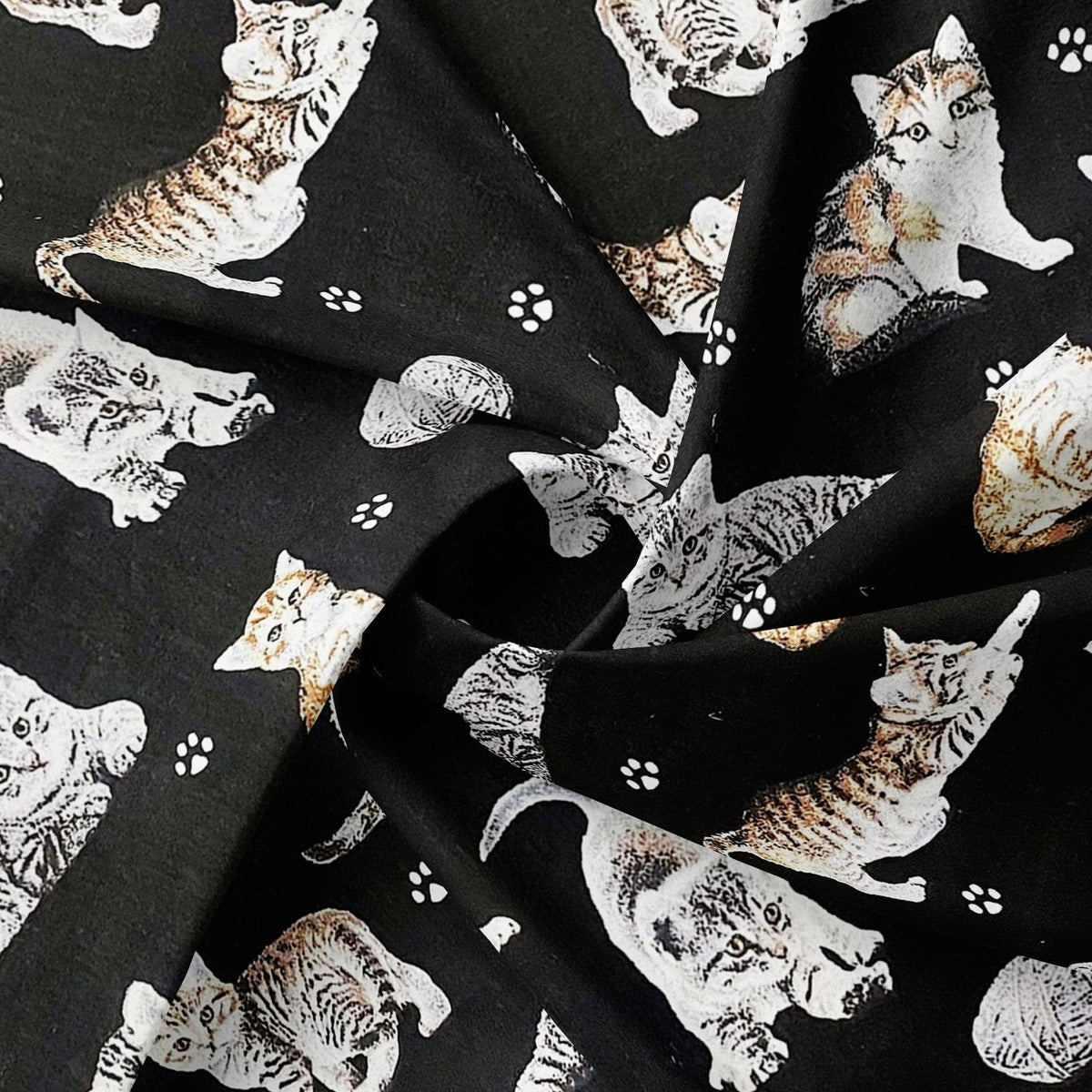 Cotton Fabric - Cats Paws and Yarn on Black
