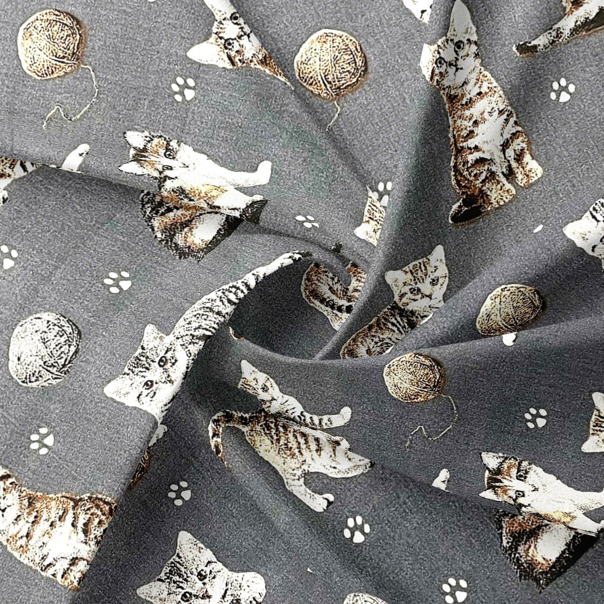 Cotton Fabric - Cats Paws and Yarn on Gray