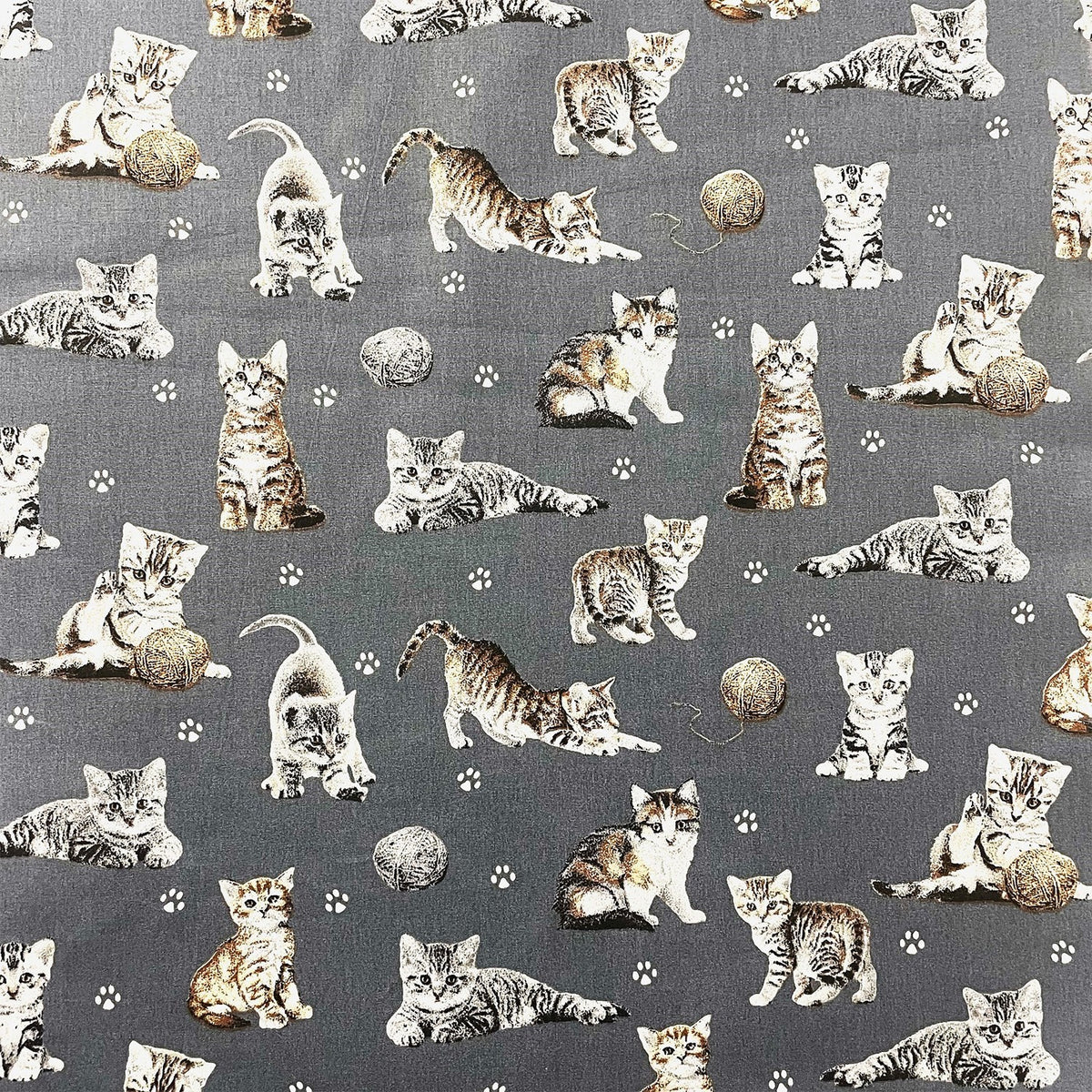 Cotton Fabric - Cats Paws and Yarn on Gray