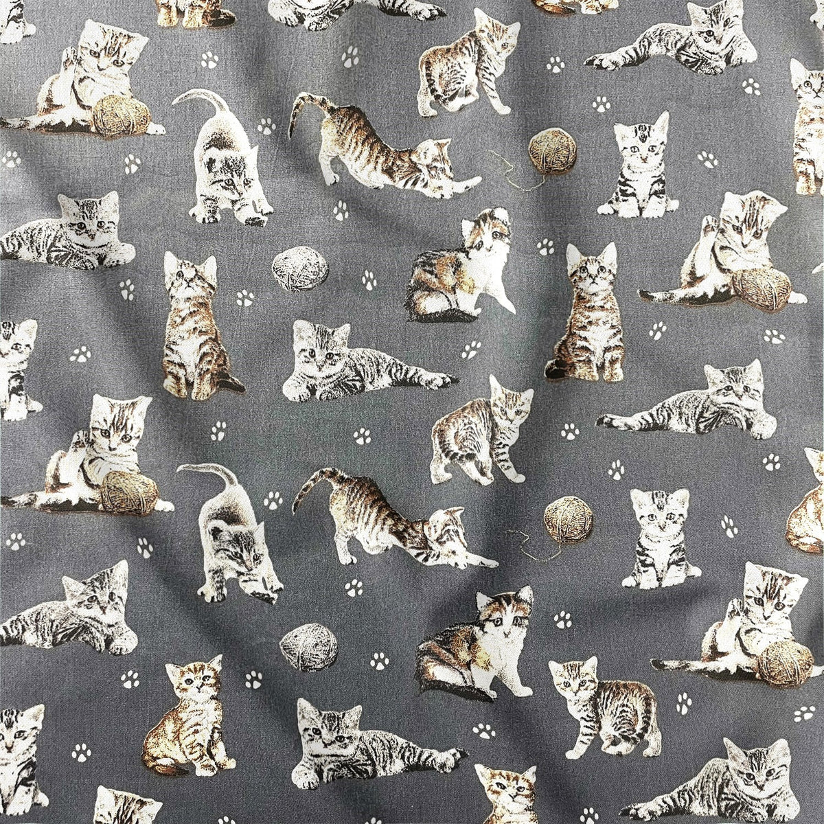Cotton Fabric - Cats Paws and Yarn on Gray