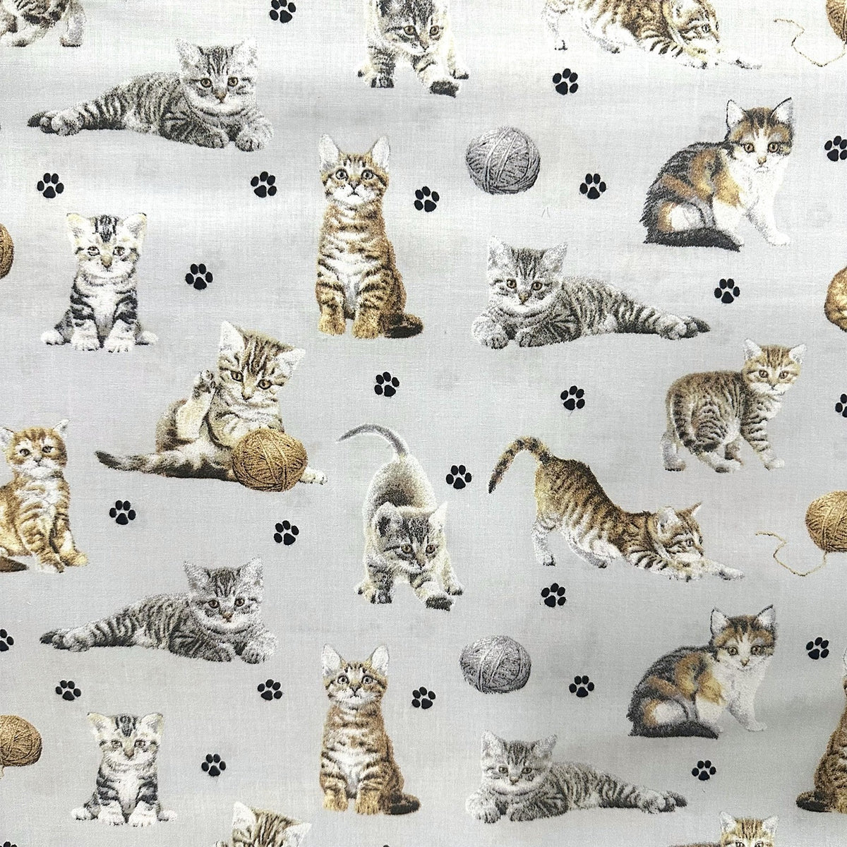 Cotton Fabric - Cats Paws and Yarn on Light Gray