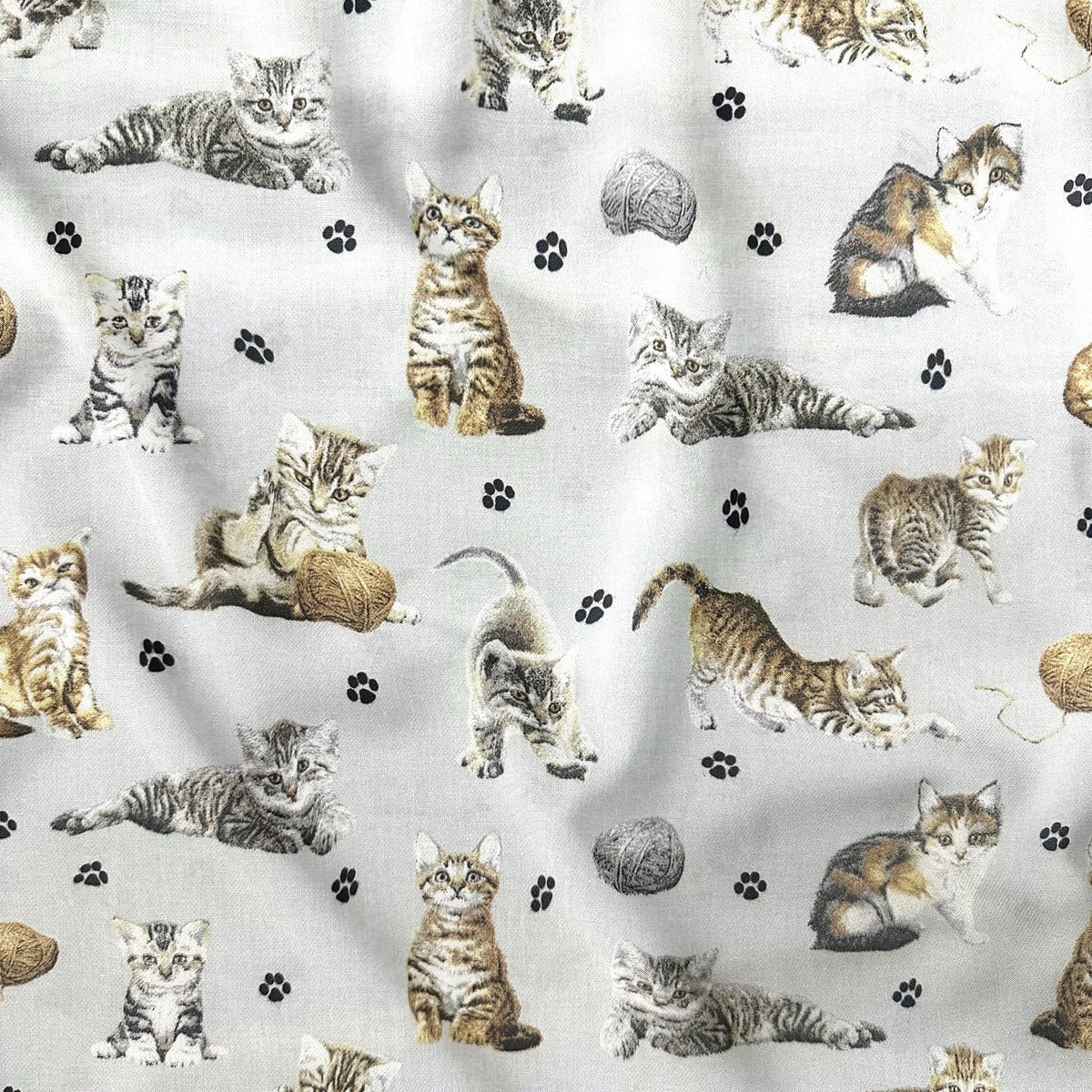 Cotton Fabric - Cats Paws and Yarn on Light Gray