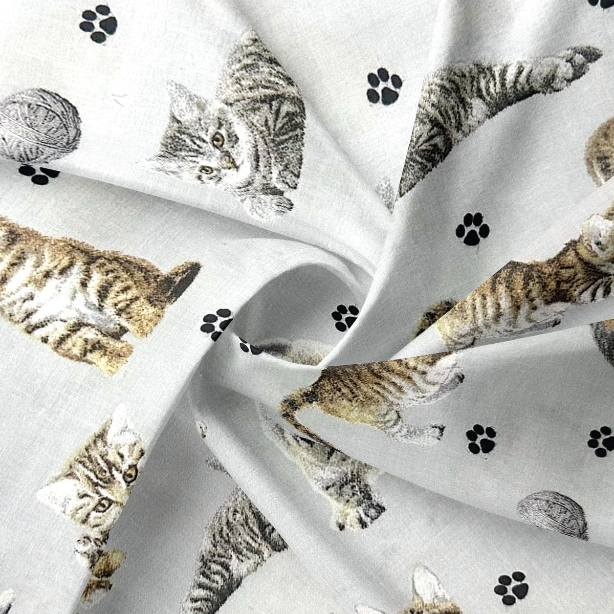 Cotton Fabric - Cats Paws and Yarn on Light Gray