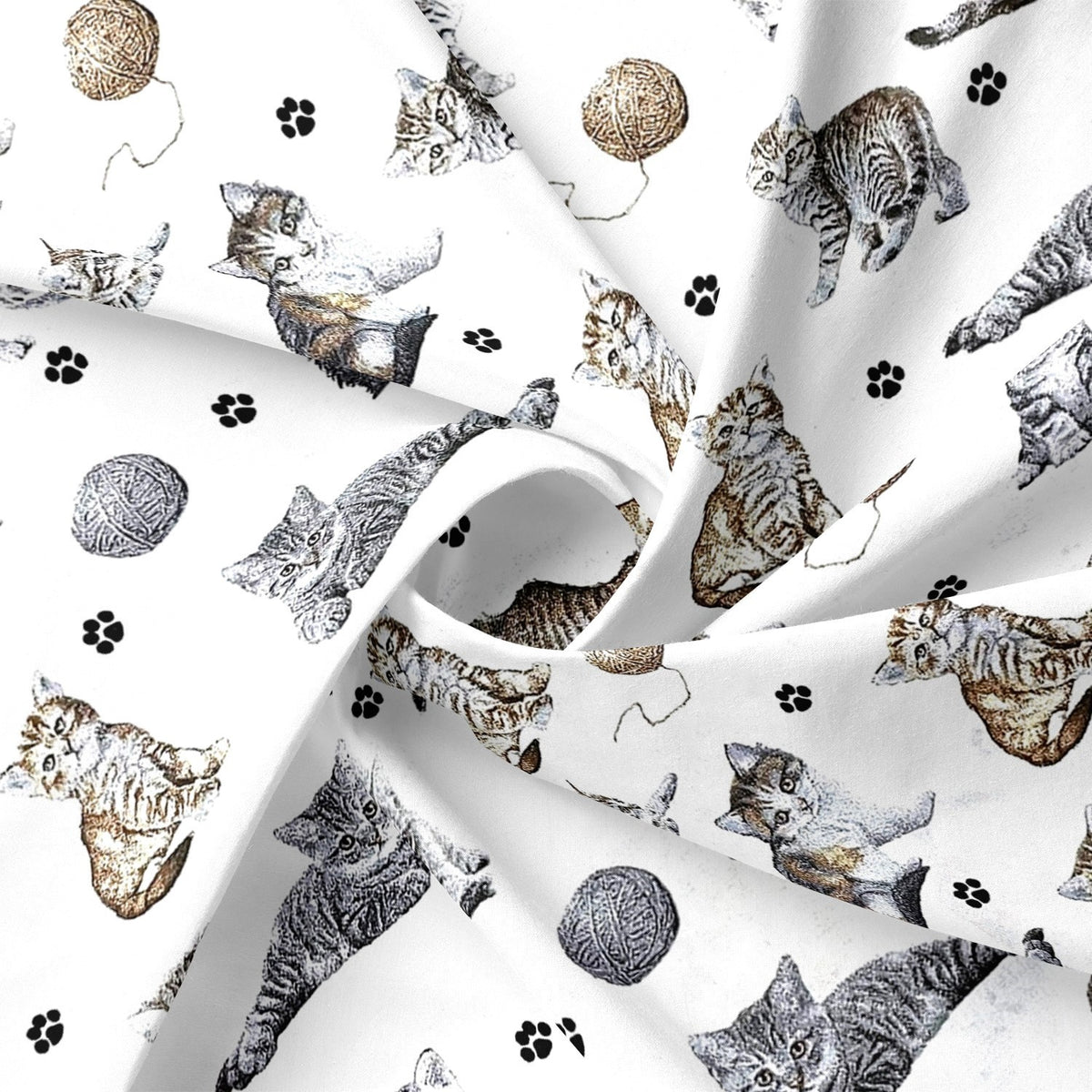 Cotton Fabric - Cats Paws and Yarn on White