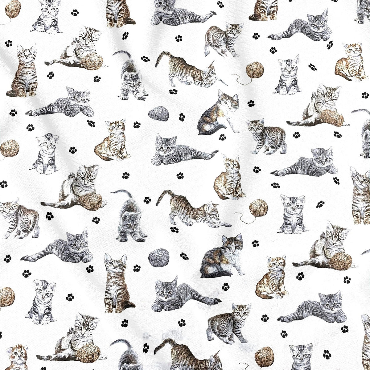 Cotton Fabric - Cats Paws and Yarn on White