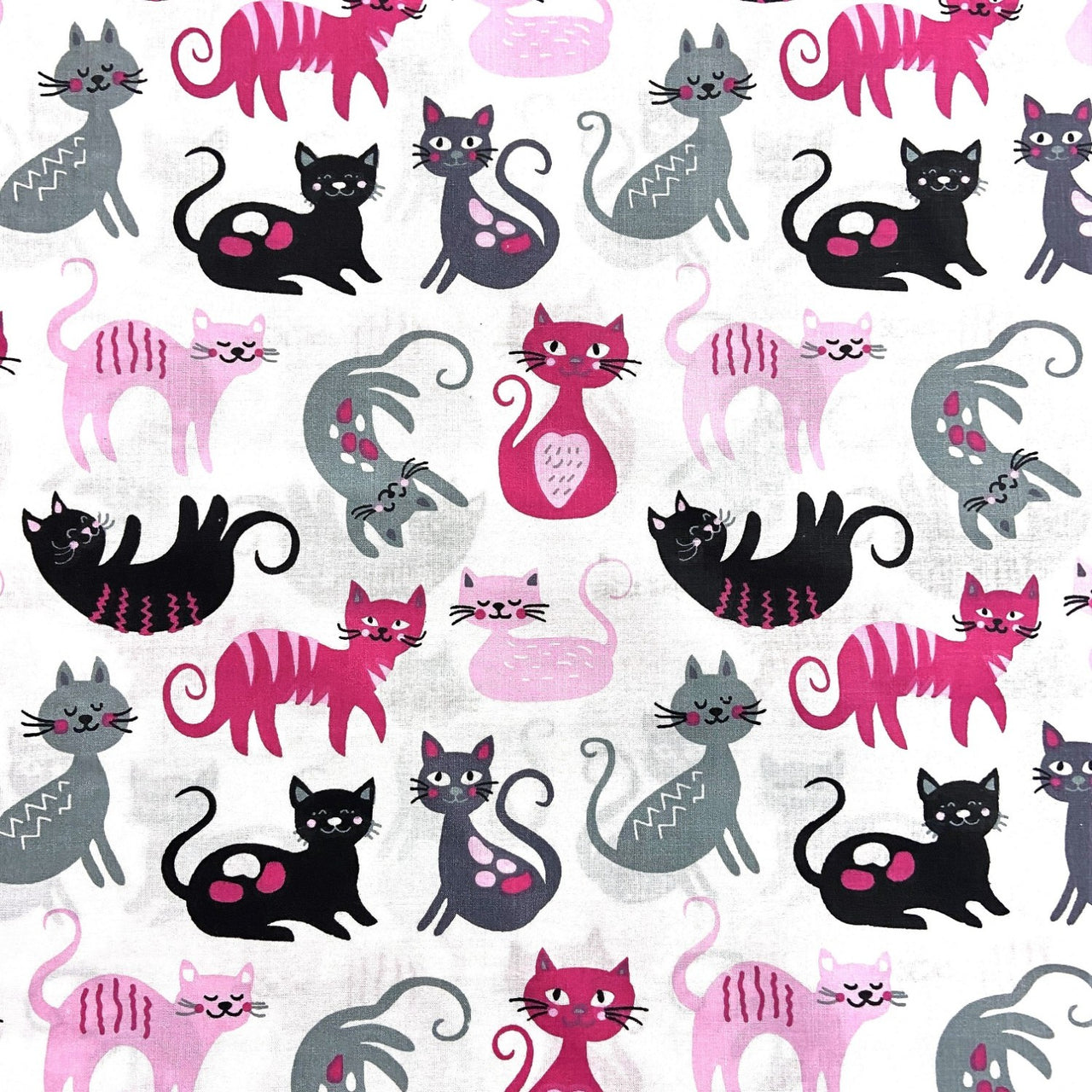 Cotton Fabric - Cats Pink and Black on White