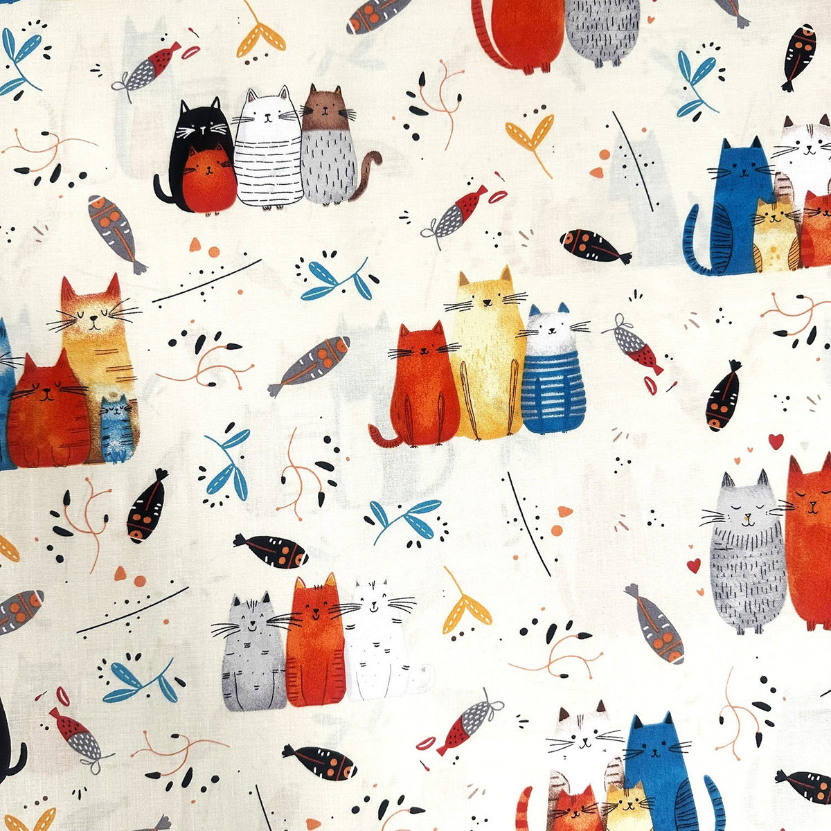 Cotton Fabric - Cats and Fish on Ecru
