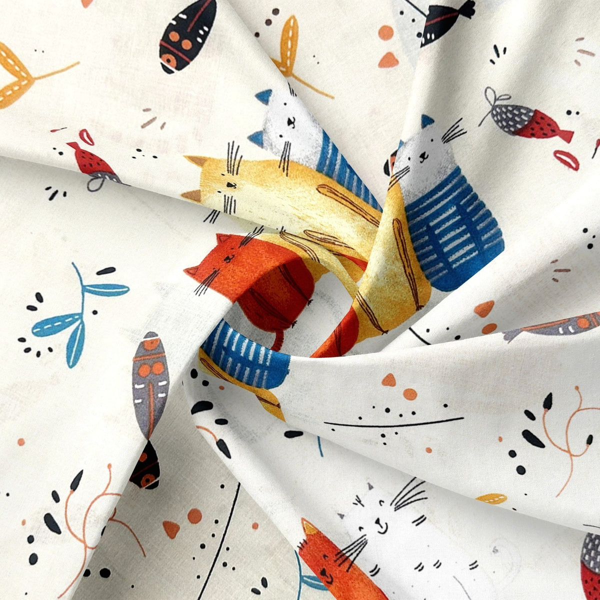 Cotton Fabric - Cats and Fish on Ecru