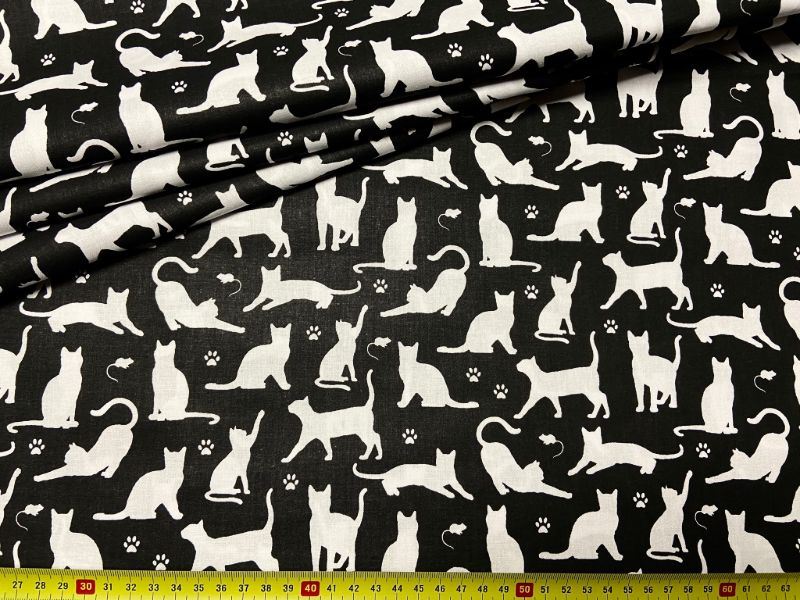 Cotton Fabric - Cats and Paws on Black