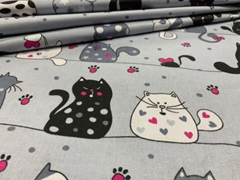 Cotton Fabric - Cats on a Line Amaranth